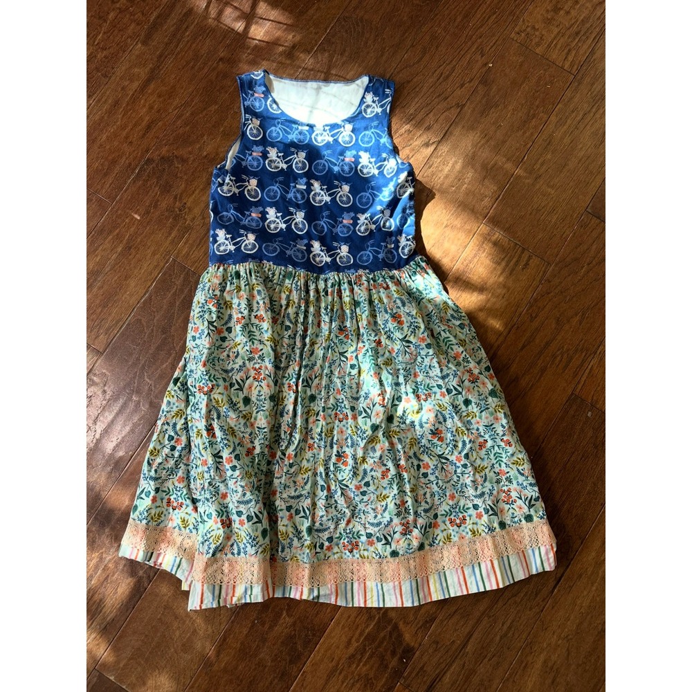 Matilda Jane Platinum Girls Blue Bicycle Floral Print Dress with Ruffle Size 14
